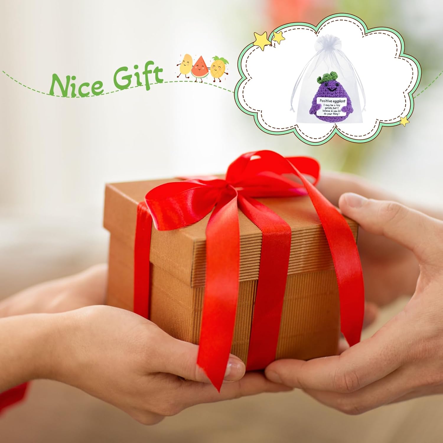 71Fchq5k1L._AC_SL1500_.jpg 20 Pcs Funny Mini Positive Vegetables Bulk Handmade Emotional Support Pickled Cucumber with 25 Pcs Organza Gift Bags Cute Furit Knitting Doll Crochet Corn with Positive Card - Image 7