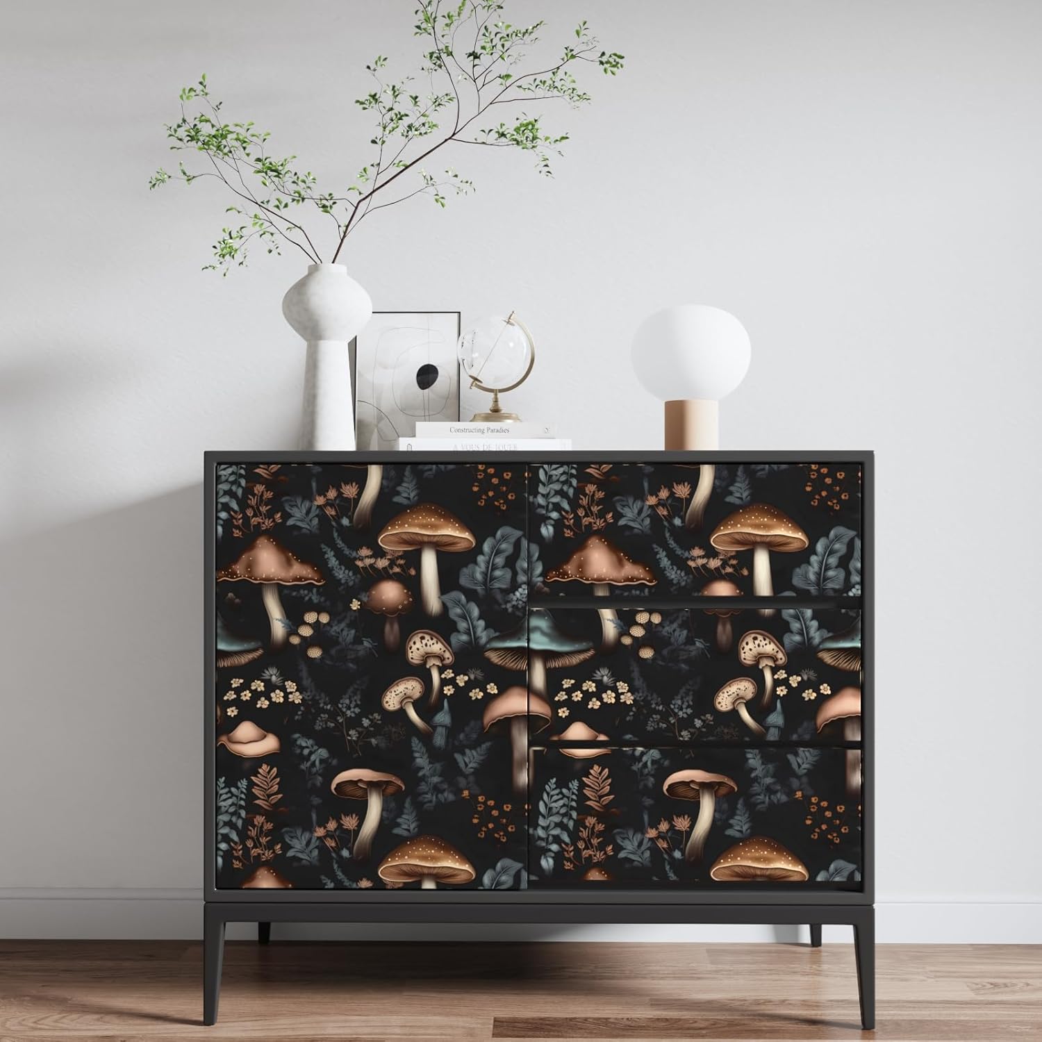 71G-M1SzRXL._AC_SL1500_.jpg Mushroom Wallpaper Black Peel and Stick Wallpaper Leaf Vintage Contact Paper Boho Dark Flower Wall Paper Removable Wallpaper Self Adhesive for Cabinet Drawers Wall Decor 17.5''x118.1'' - Image 5