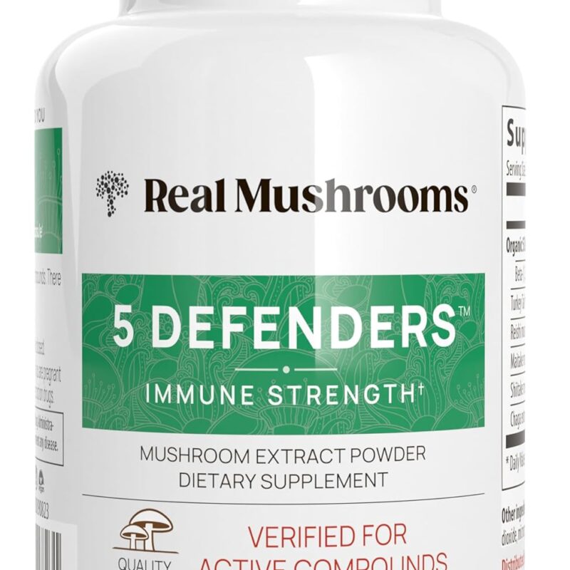 Real Mushrooms 5 Defenders Capsules - Organic Mushroom Extract w/Chaga, Shiitake, Maitake, Turkey Tail, Reishi Supplement Vegan, Non-GMO, 200 Caps
