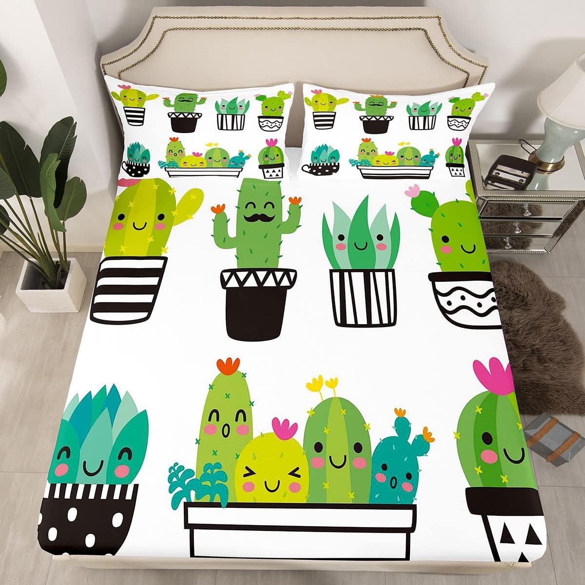 71HEdhYdAfL._AC_SL1200_.jpg Erosebridal Tropical Sheet Set Bulbous Cactus Sketch Drawing Fitted Sheet for Teens Boys,Cute Desert Plants Bed Sheets Botanical Bed Cover Flower Weed Jungle Kawaii Room Decor Queen,Green - Image 2