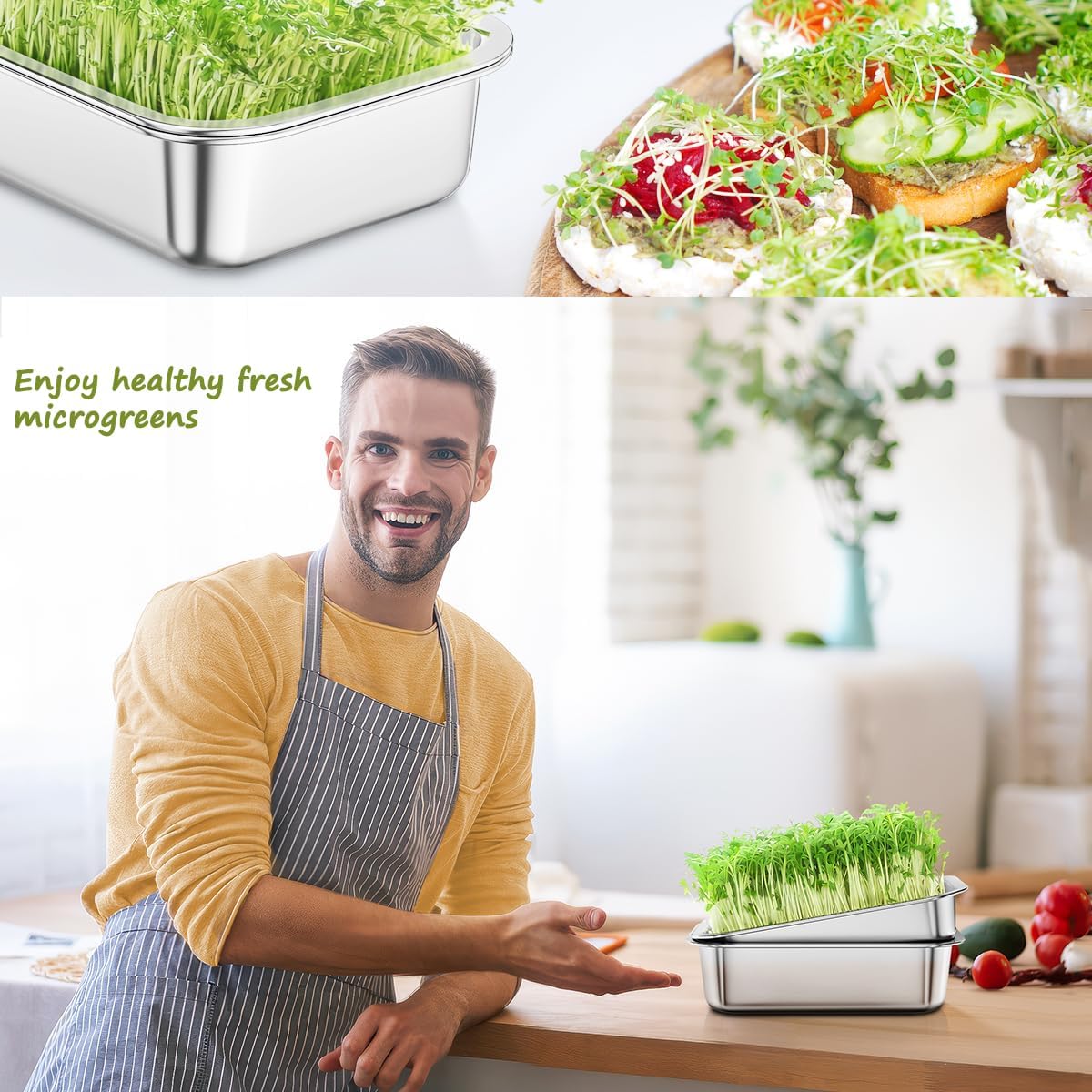 71HTeYWXgIL._AC_SL1200_.jpg FANHAO 2-Pack Sprouting Tray Kit, Stainless Steel Soil-Free Cultivation Germination Tray, Healthy Wheatgrass Grower Sprouting Container Kit Nursery Tray for Indoors Plant Seedlings - Image 5