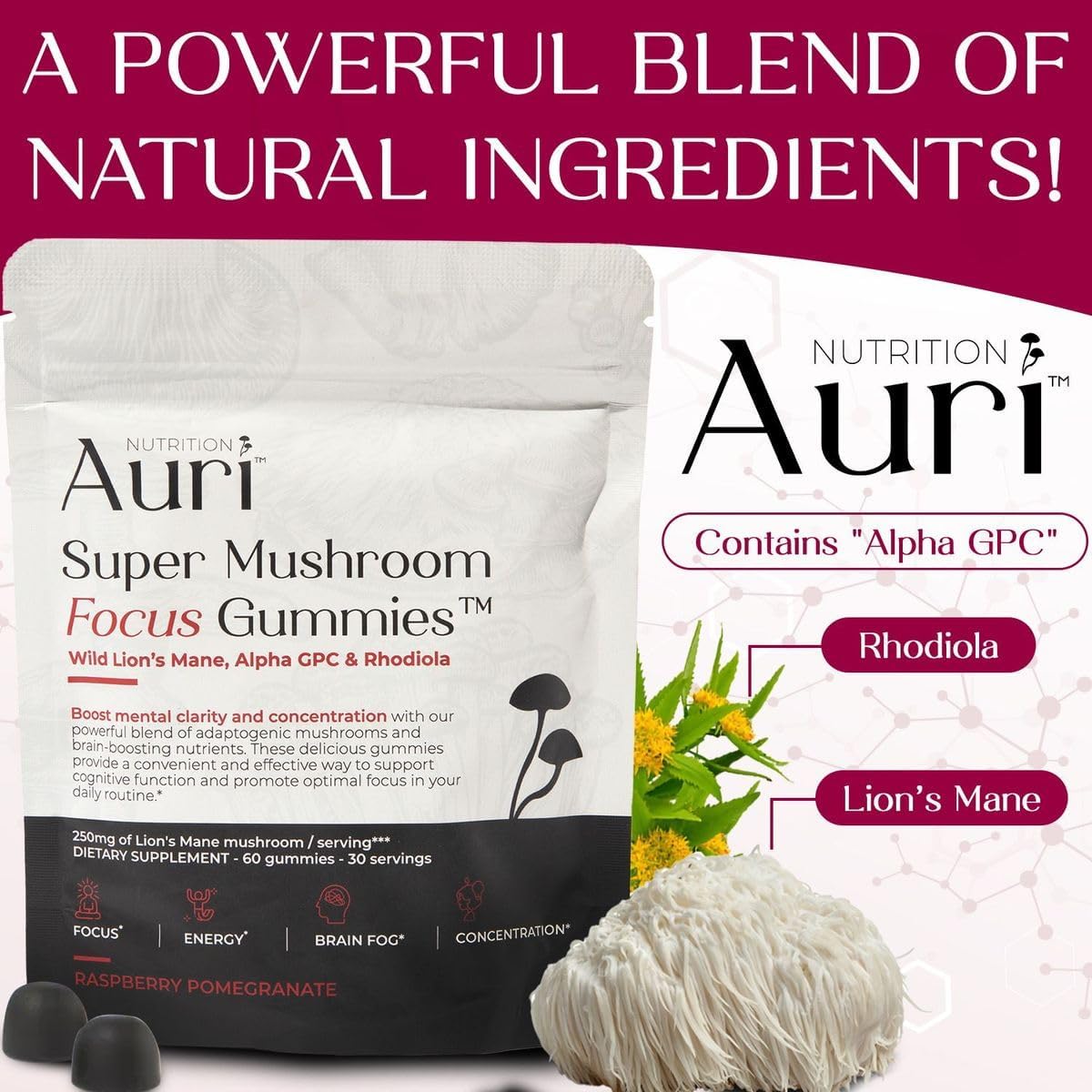 71I1pgAFr4L._AC_SL1200_.jpg Auri Super Mushroom Focus Gummies - w/Lion's Mane, Alpha GPC & Rhodiola - Mushrooom Supplement to Support Cognitive Function, Mental Clarity, Focus & Energy | 60 Gummies, Vegan Friendly, Non GMOs - Image 5