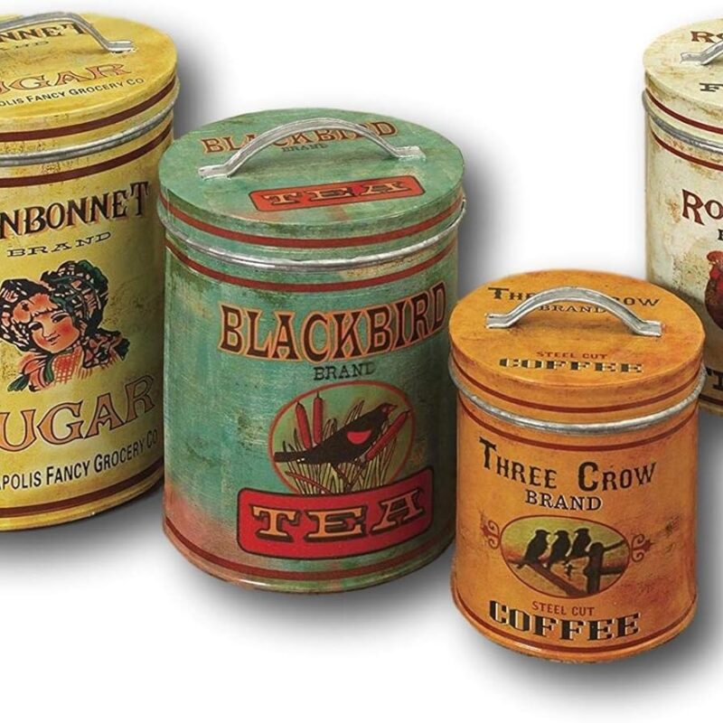 Set of 4 Large Vintage Antique Style Round Metal Nesting Kitchen Canisters with Lids Sugar Tea Coffee and Flour