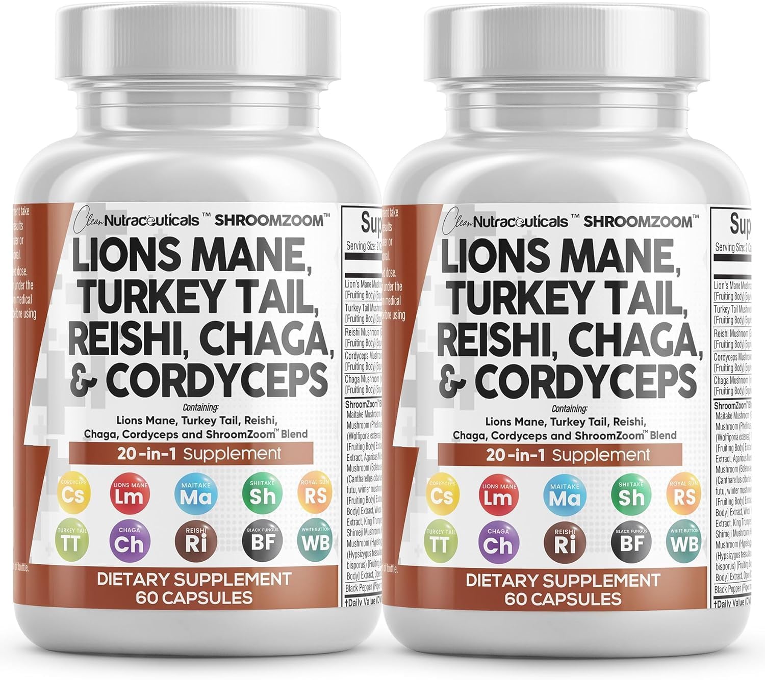 71IeDcoDsbL._AC_SL1500_.jpg Clean Nutraceuticals Lions Mane 20in1 Mushroom Supplement with Turkey Tail Reishi Cordyceps Chaga Maitake Meshima Poria Cocos Shiitake Oyster Porcini Enoki - 2Pack - Image 7