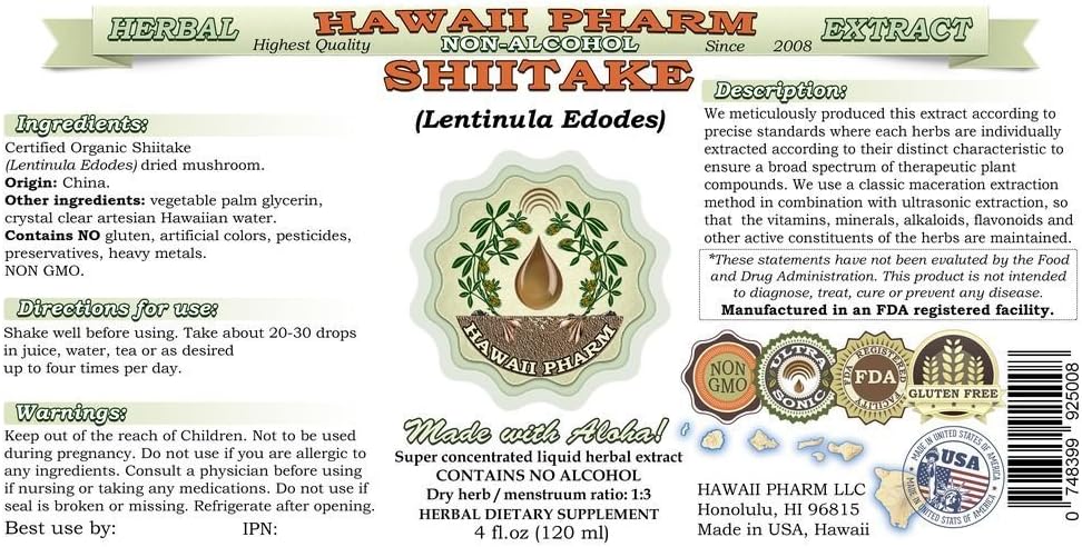 71KfrMwgtDL._AC_SL1000_.jpg Shiitake Alcohol-Free Liquid Extract, Organic Shiitake (Lentinula Edodes) Dried Mushroom Glycerite Natural Herbal Supplement, Hawaii Pharm, USA 2x4 fl.oz - Image 2