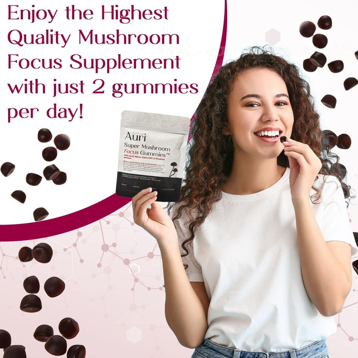 71KyYM2Wh4L._AC_SL1200_.jpg Auri Super Mushroom Focus Gummies - w/Lion's Mane, Alpha GPC & Rhodiola - Mushrooom Supplement to Support Cognitive Function, Mental Clarity, Focus & Energy | 60 Gummies, Vegan Friendly, Non GMOs - Image 6