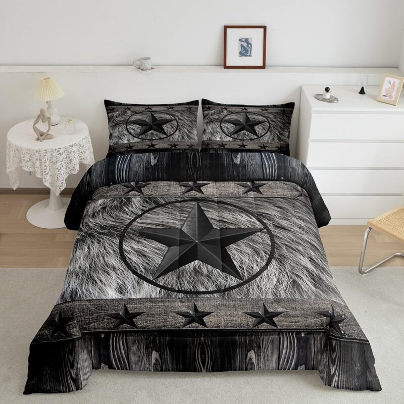 Black Western Texas Star Comforter Set Full Size, Cowboy Bedding Set for Kids Boys Girls Teens Rustic Texas Star Comforter Wild West Cowboy Duvet Set Bed Set 3Pcs