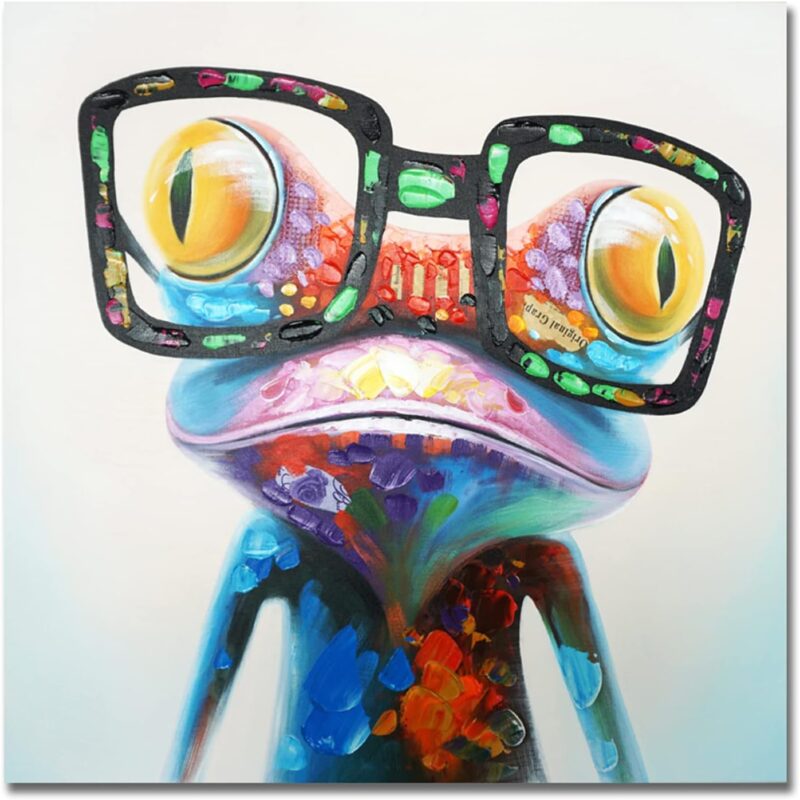 SEVEN WALL ARTS Frog Canvas Wall Art Colorful Animal Painting Pictures Happy Frog with Glasses Oil Painting Modern Framed Artwork for Bedroom Nursery Kids Room Office Wall Decor 24"x24"