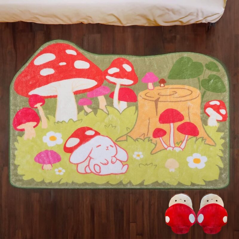 BelugaDesign Mushroom Rug | Large Cute Kawaii Machine Washable Area Carpet | Red Green Nature Bunny Flower Forest Rectangle for Kids Women Living Bath Room Bedroom Home Decor (3.8*5.2 ft / 115*160 cm)