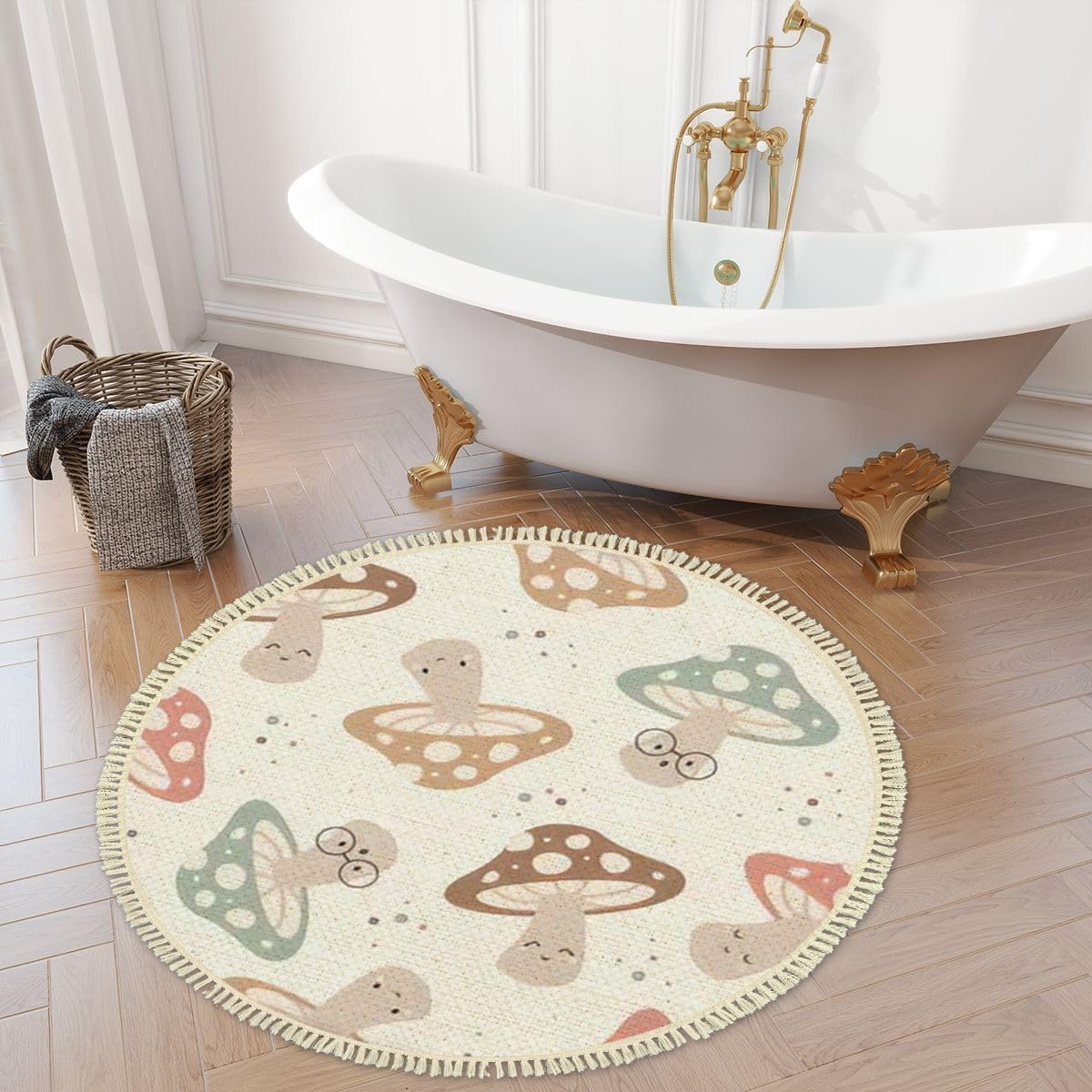 71MW5HMrgNL._AC_SL1200_.jpg 4' Round Tassels Carpet Hand Drawn Seamless Pattern Cute Kawaii Mushrooms Cute Drawing Doodle Boho Circle Area Rugs for Playroom Nursery Living Room Kids Bedroom Indoor Outdoor Home Decor - Image 3