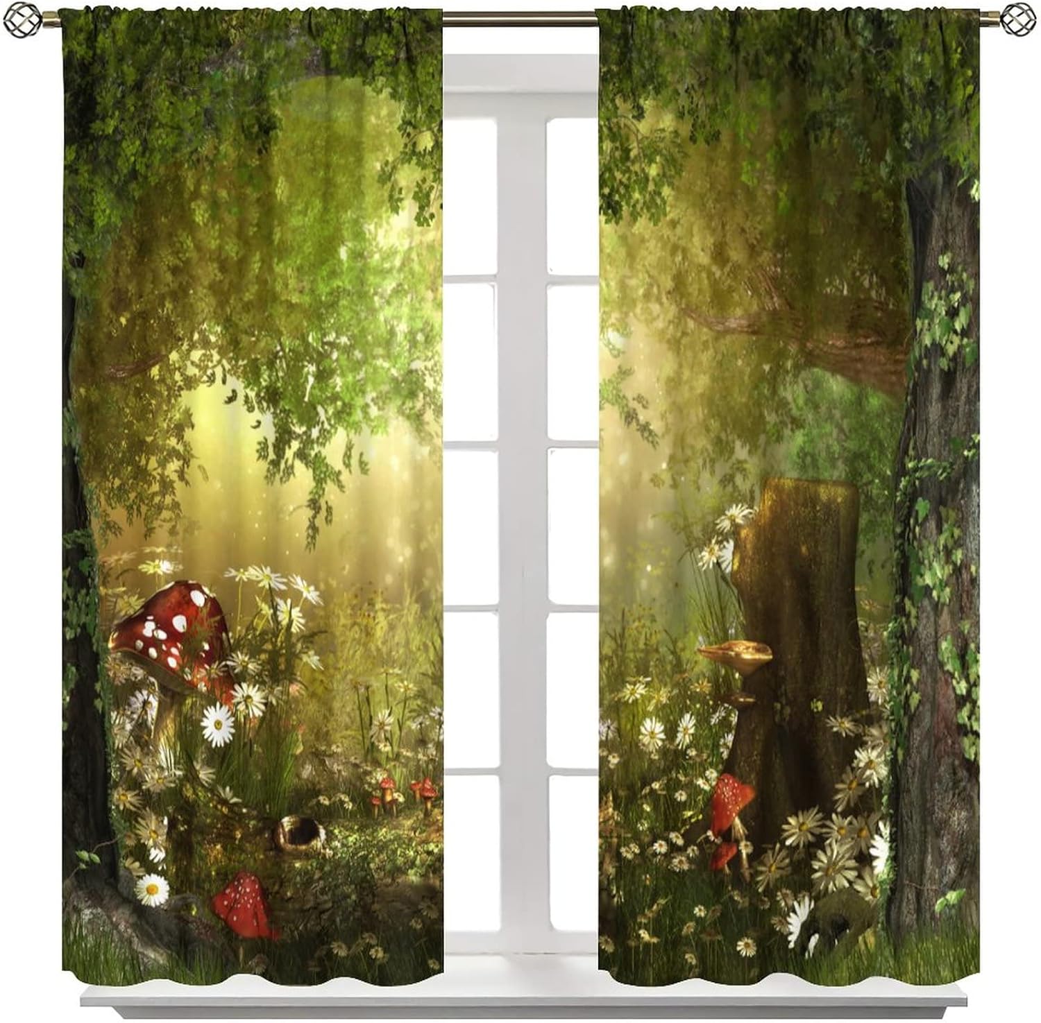 71MZv8SSEeL._AC_SL1500_.jpg Dream Forest Curtains Beautiful and Charming Fairy Tale Lush Forest Land Mushroom Stumps Flowers Suitable for Kitchen Blackout Window Drapes Decoration 2 Panels Green 52x84in - Image 7