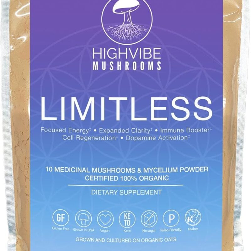 Highvibe Mushrooms Limitless Mushroom Powder, 10-in-1 Mushroom Blend, Full Spectrum Mycelium and Fruiting Body, Organic, Vegan, Kosher, GF, Focused Energy, Immunity, Dopamine Activation