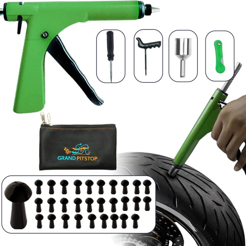 GRAND PITSTOP Tubeless Tire Gun Puncture Repair Kit with Mushroom Plug for Tyre Punctures and Flats on Cars, Motorcycles, ATV, Trucks & Tractors (Gun Puncture Kit 30 Plugs, Green-1)