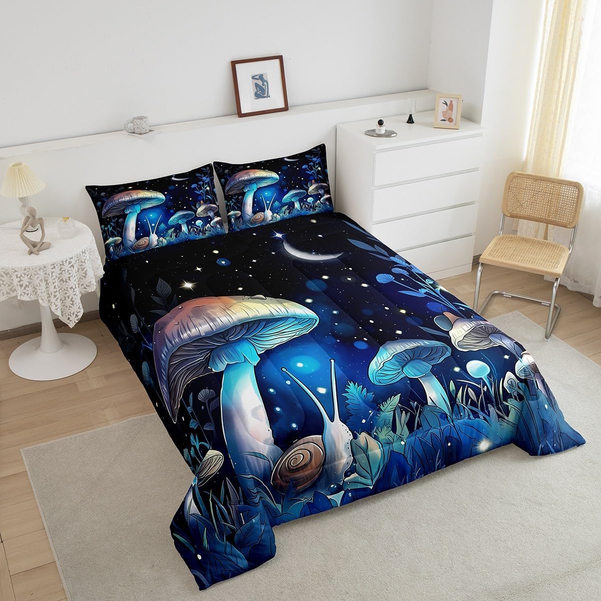 71NBnphG8CL._AC_SL1200_.jpg Manfei Mushroom Comforter Set King Size, Botanical Plants Quilt Set with 2 Pillowcases, Cartoon Mushroon Snails Print Bedding Set 3pcs for Kids Boys Girls Room Decor - Image 3