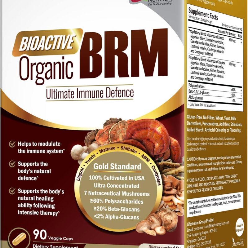 LABO Nutrition Bioactive Organic BRM - Advanced Immune Support & Maintain Natural Killer Cell Activity; 6 Therapeutic Mushrooms Lingzhi, Yunzhi, Maitake, Shiitake, Agaricus Blazei Murill & Cordyceps