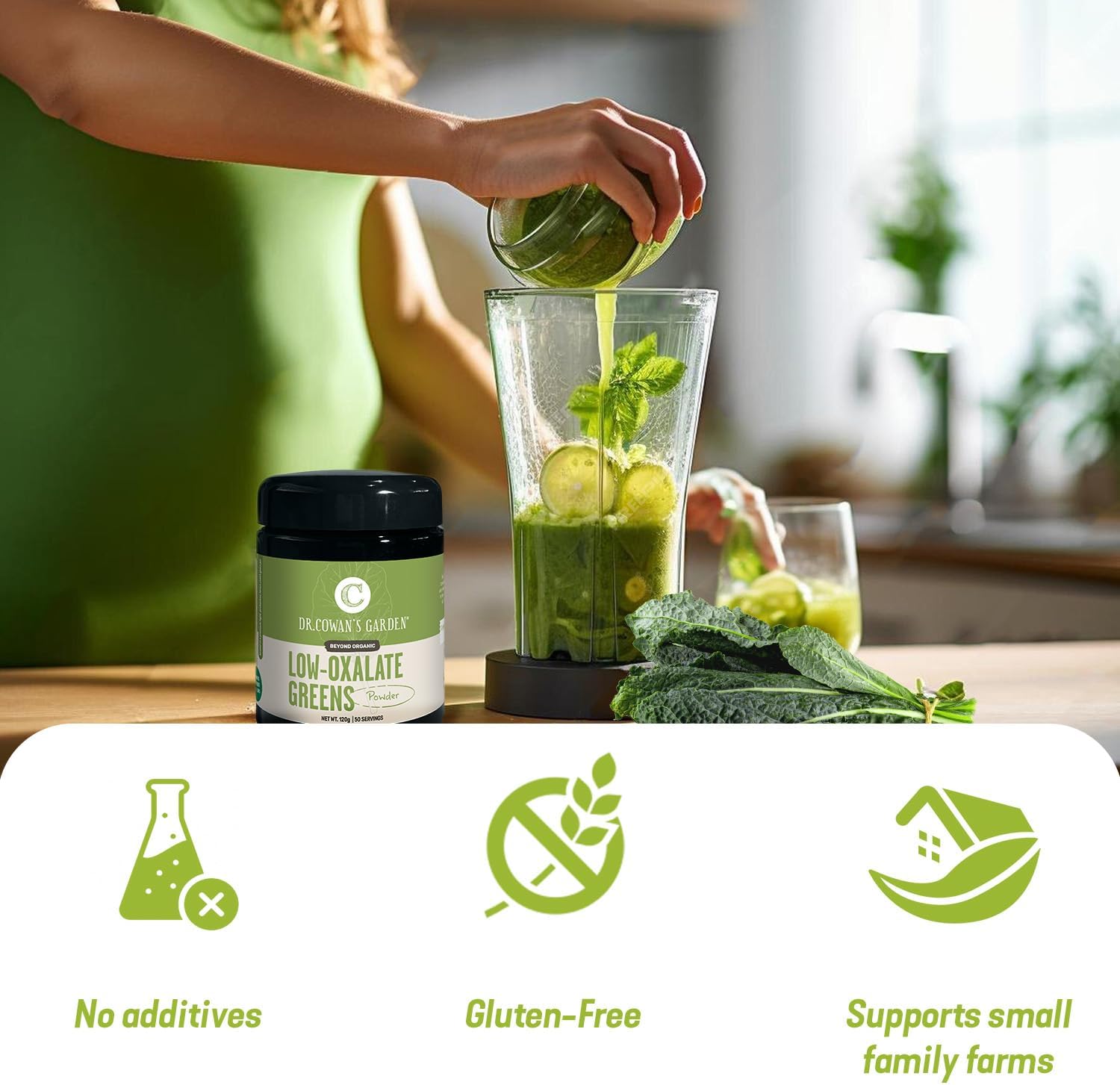 71NF8mAmqmL._AC_SL1500_.jpg Dr. Cowan's Garden Low-Oxalate Greens Veggie Powder - Beyond Organic Superfood Greens Vegetable Powder for Drinks and Food - Lacinato Kale, Mustard Leaves, and Collard Greens - 50 Servings - Image 5