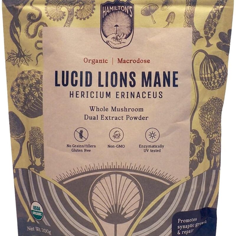 Hamilton’s Lucid Lion’s Mane | Organic Mushroom Extract Powder for Synapse Repair, Nerve Growth Factor, Focus, Memory, and Concentration | High Potency | 30% Beta Glucans | GF, Non-GMO, Vegan (200g)