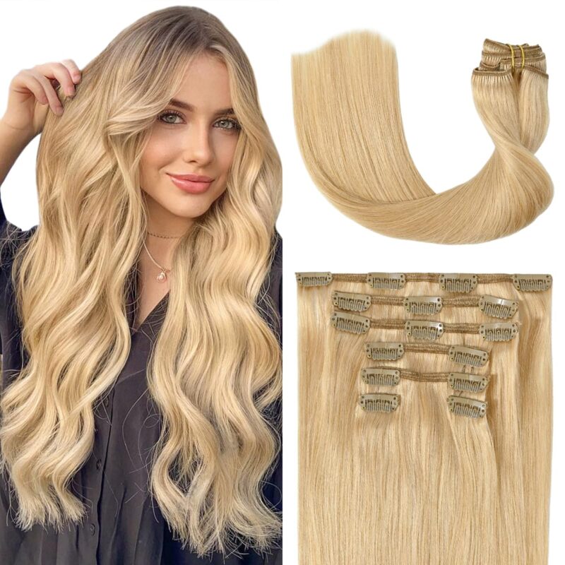Light Honey Blonde Clip in Human Hair Extensions 70g 7pcs 20inch Straight 9A #27 Real Human Hair Clip Ins 16clips for Women Fashion