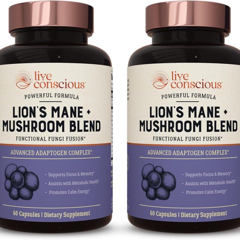 Live Conscious Lions Mane Mushroom Supplement Capsules for Brain Support w/Lion's Mane, Cordyceps, Reishi, and Turkey Tail Mushrooms - Cognitive Memory Supplement for Brain (2-Pack)