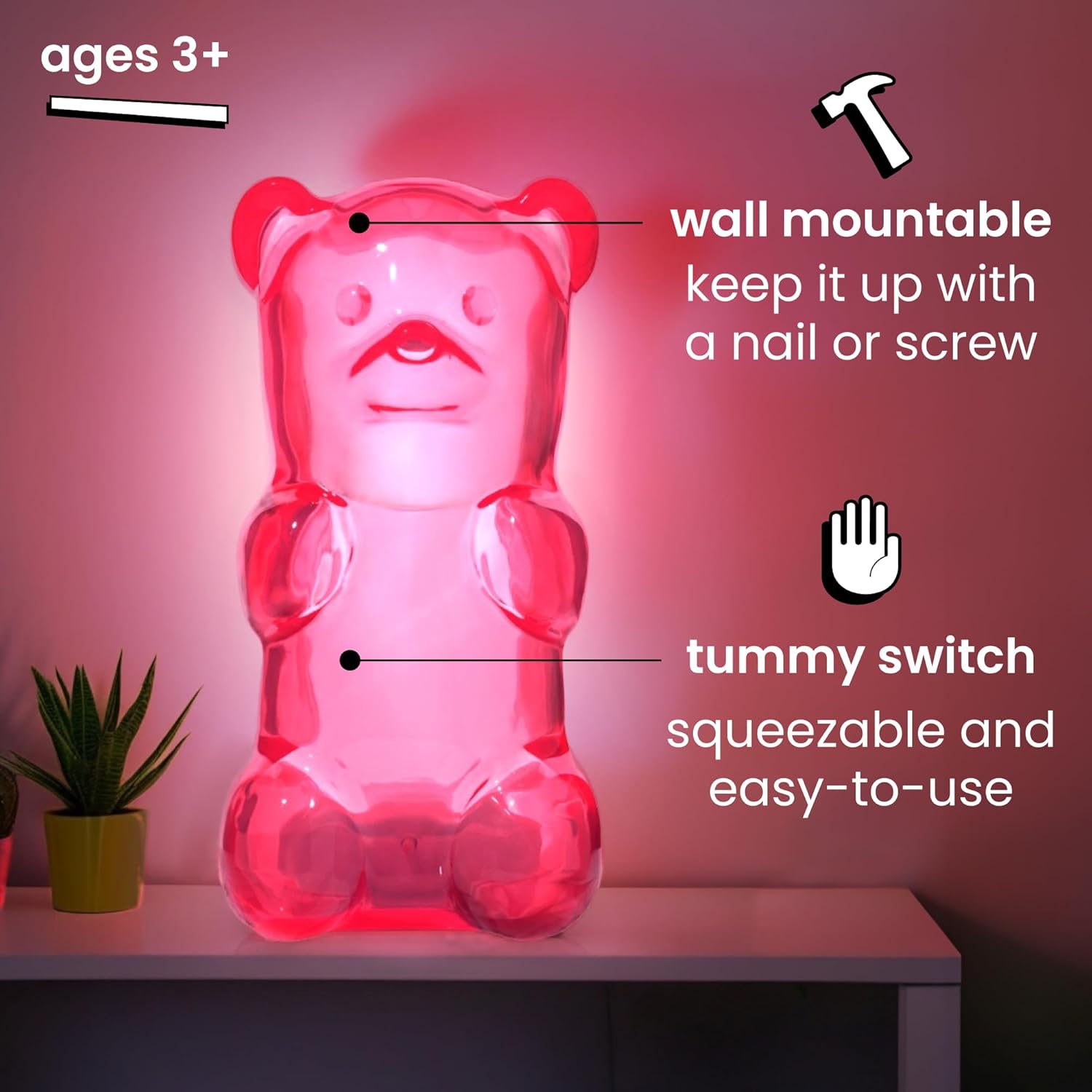 71Qdk2OVJzL._AC_SL1500_.jpg Gummygoods Squeezable Gummy Bear Night Light - Rechargeable, Portable, Squishy Lamp, 60-Min Sleep Timer - Christmas Gift for Kids & Adults, Baby Nursery, and Dorm Rooms - (Pink) - Image 2