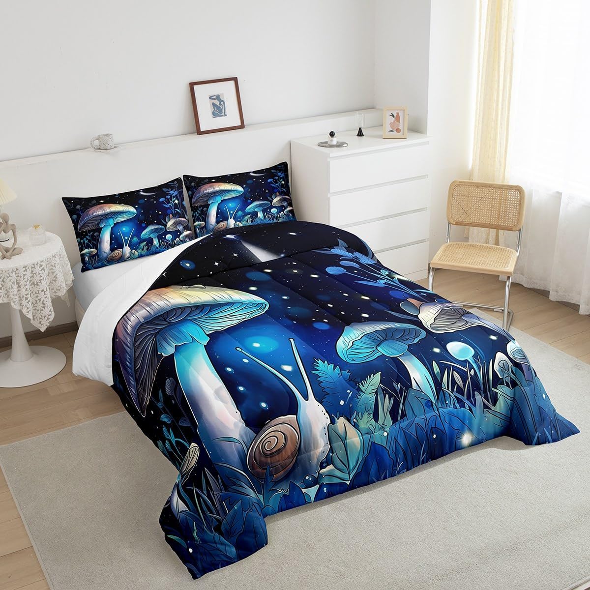 71QphxL8mWL._AC_SL1200_.jpg Manfei Mushroom Comforter Set King Size, Botanical Plants Quilt Set with 2 Pillowcases, Cartoon Mushroon Snails Print Bedding Set 3pcs for Kids Boys Girls Room Decor - Image 4
