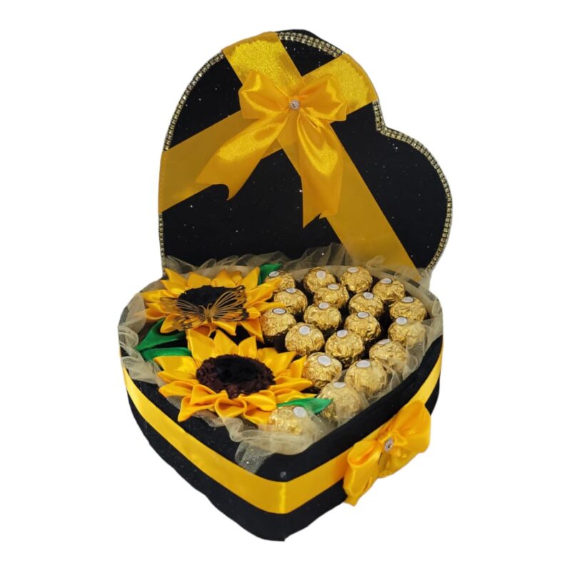 Heart-Shaped Gift Box with Sunflowers and Chocolates