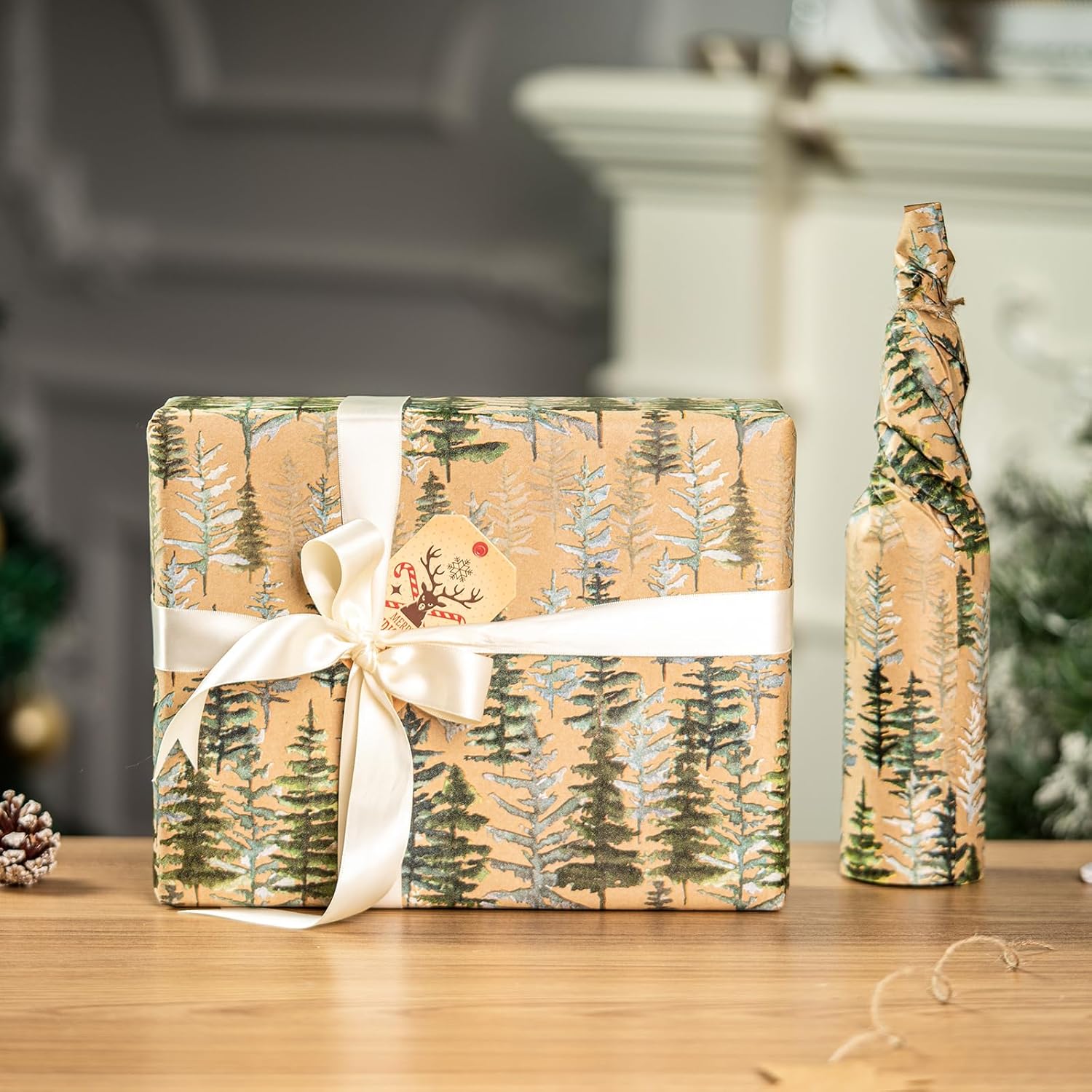 71RWeQQY1PL._AC_SL1500_.jpg RUSPEPA Christmas Wrapping Paper, Jumbo Roll Kraft Paper - Christmas Tree Design for Holiday Gift Wrap - 30 Inches x 100 Feet - Image 2