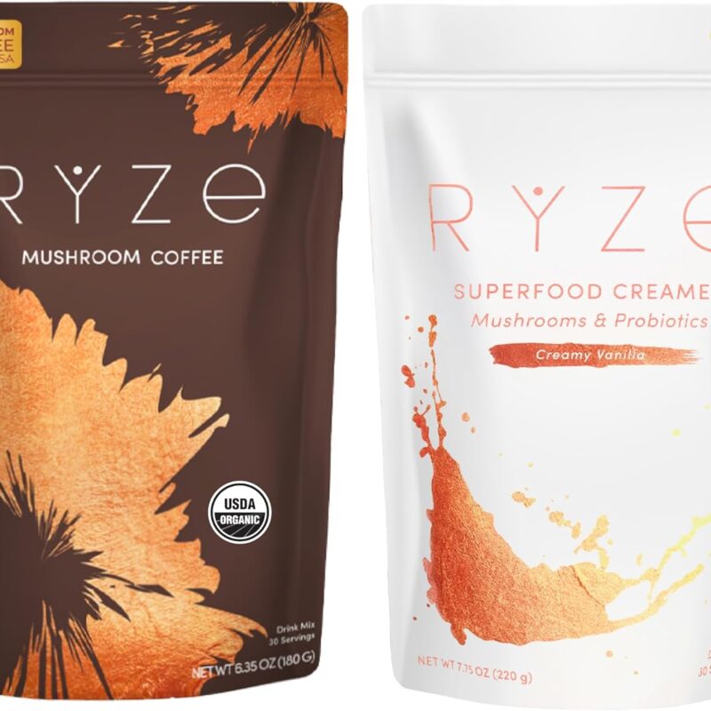 RYZE n Shine Bundle, USDA Organic RYZE Mushroom Coffee + Probiotic Coffee Creamer with 6 Adaptogenic Mushrooms and MCT Oil Organic, Instant Coffee with Cordyceps, Lion’s Mane, Turkey Tail, 60 servings
