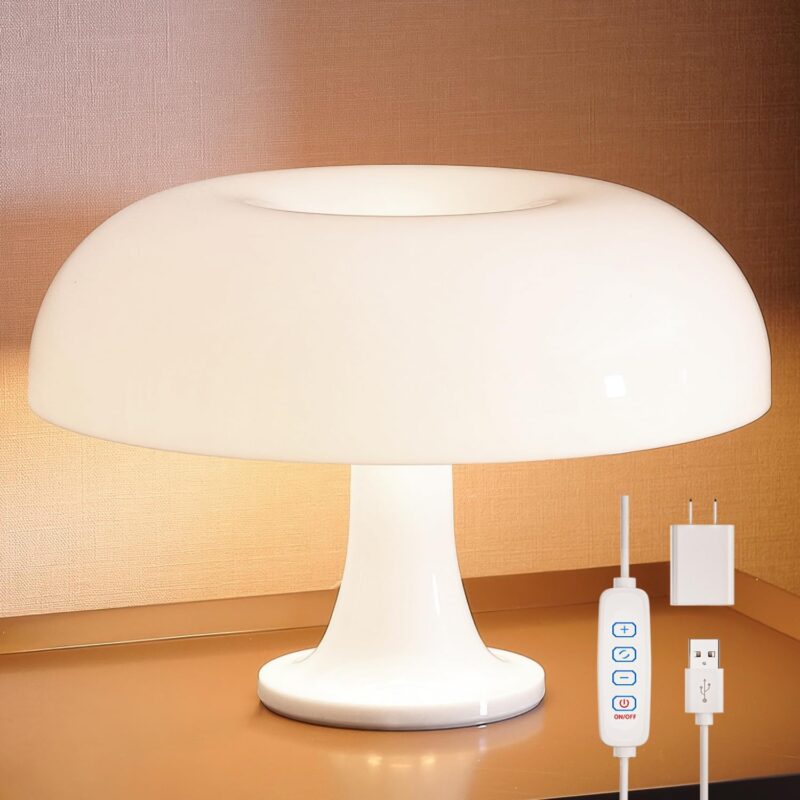 Mushroom Lamp with 3 Lighting Modes, Dimmable 70s Retro Mid Century Modern Lamp for Bedroom, Funky Unique Lamp for Room Decor Aesthetic, Hippie Decor Donut Lamp, Vintage Decor Collection(White)