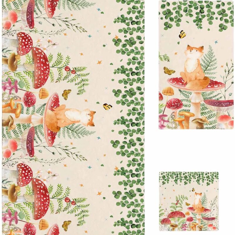 Bath Towel Sets,Red Mushroom Fox Eucalyptus Leaves Bathroom Towels Soft Hand Towel Washcloth Cotton Towel Set,Absorbent Soft Bath Set for Hotel Beach Pool Pastoral Botanical Green Leaf Towels