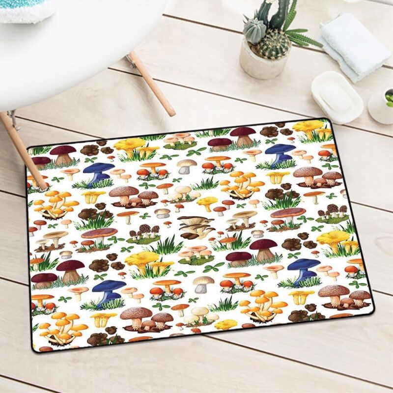 Mushroom Door mat, Pattern Types of Mushrooms Wild Species Natural Organic Food Garden Theme, for Indoor-Outdoor, Front Door, high Traffic Areas, W35.4 x L47.2 Inch, Brown White