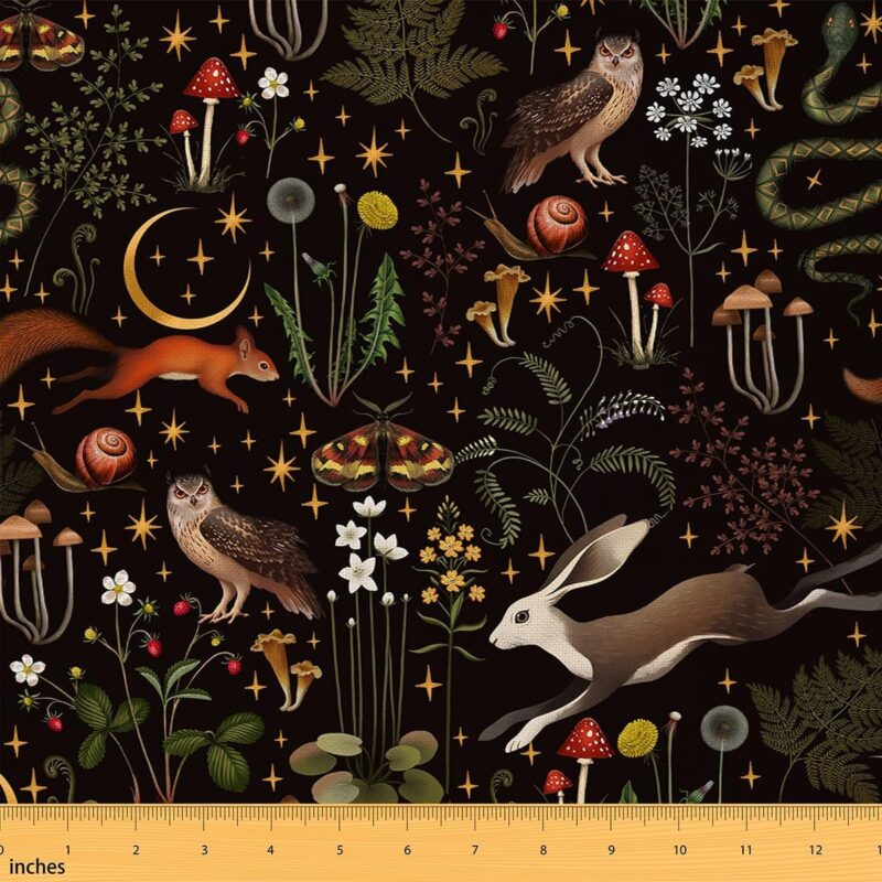 Cartoon Mushroom Fabric by The Yard Cute Rabbit Owl Wild Animals for Kids Sewing Lovers Glitter Moon Stars Rustic Jungle Style Room Decor and DIY Upholstery 5 Yards,180" L x 59" W Black