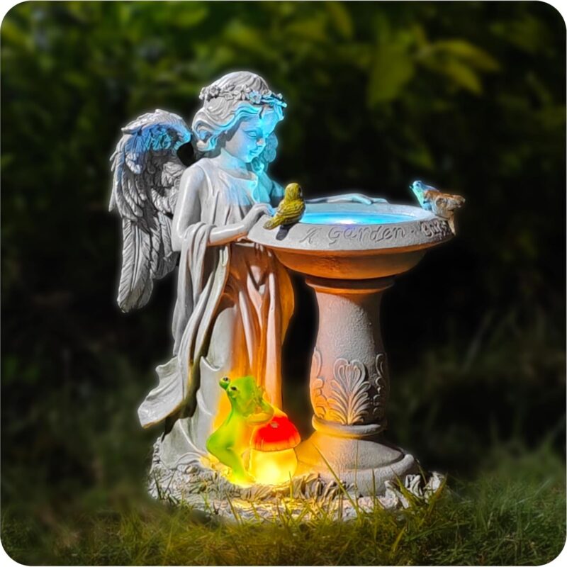 Solar Angel Birdbath with Color - Changing Lights,Resin Garden Outdoor Decorations Figurine with Birds,Frog & Mushroom for Home,Yard,Patio,Balcony,Lawn Ornament - Unique Housewarming Gifts