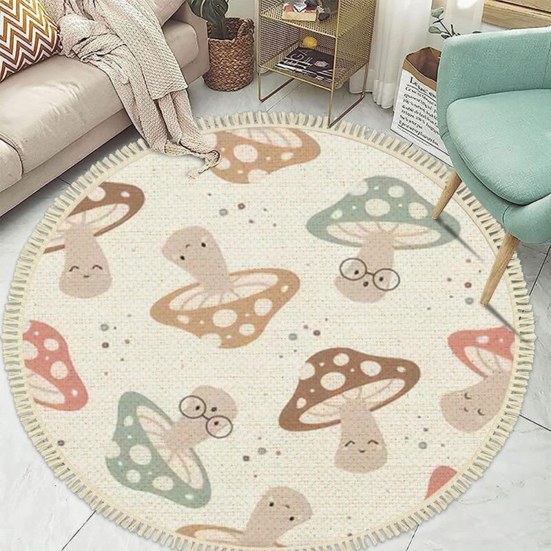 4' Round Tassels Carpet Hand Drawn Seamless Pattern Cute Kawaii Mushrooms Cute Drawing Doodle Boho Circle Area Rugs for Playroom Nursery Living Room Kids Bedroom Indoor Outdoor Home Decor