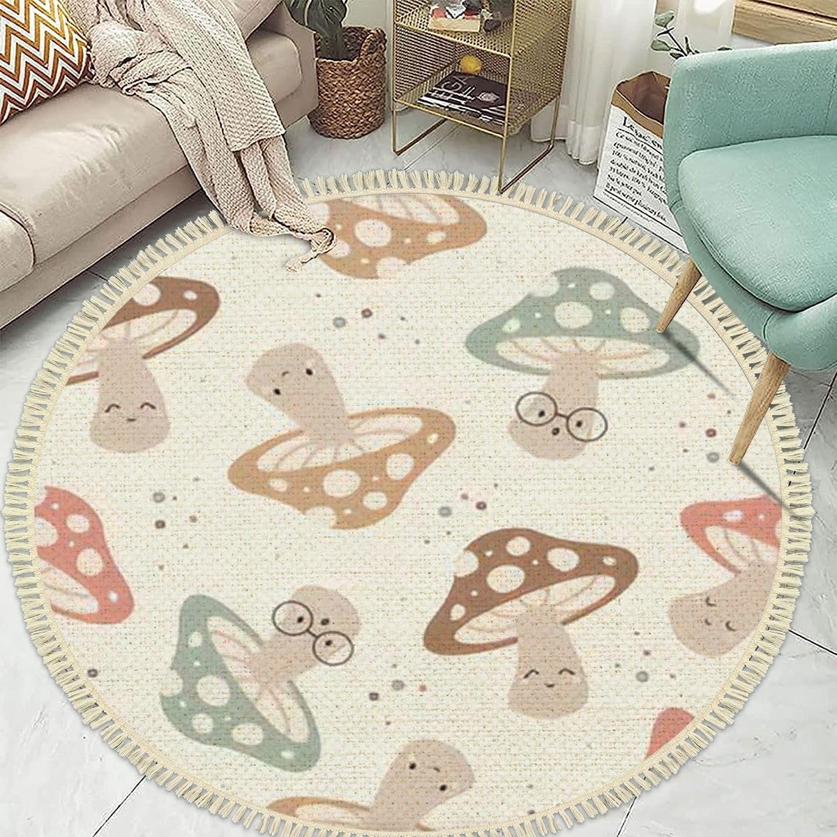 71XhjHpq21L._AC_SL1200_.jpg 4' Round Tassels Carpet Hand Drawn Seamless Pattern Cute Kawaii Mushrooms Cute Drawing Doodle Boho Circle Area Rugs for Playroom Nursery Living Room Kids Bedroom Indoor Outdoor Home Decor