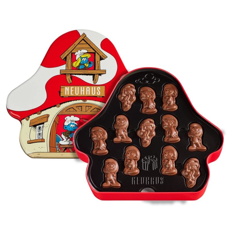Neuhaus Belgian Chocolate – Chocolate Smurfs Mushroom House Tin – 24 Pieces in Milk Chocolate with Popping Candy and Cookie Pieces – Chocolate Gift Box