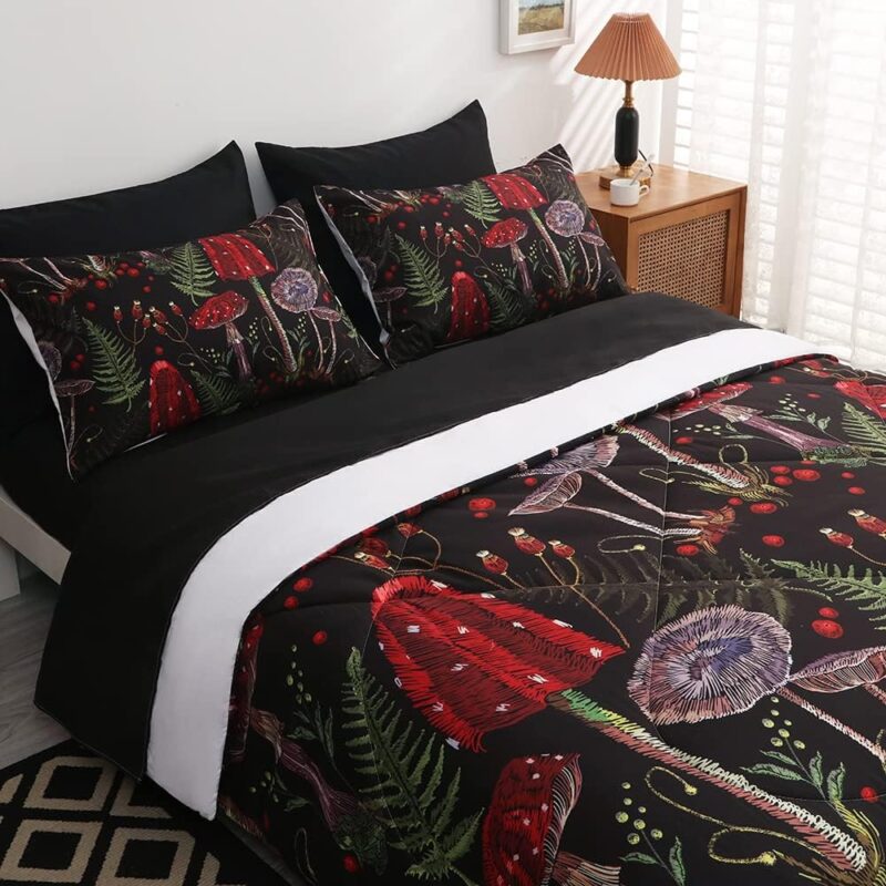 7 Piece Mushroom Comforter Set Full/Queen Size Mushroom Bedding Set Bed in A Bag 3D Plants Colorful Red Black Boho Quilt Set for Kid Boys Girls Teens Woman Adults All Season