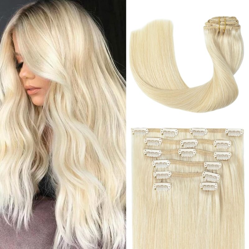Clip in Hair Extensions Real Human Hair Blonde - 22 Inch 70g 7pcs Platinum Blonde 100% Remy Human Hair Clip in Extensions Straight Real Human Hair #60 Platinum Blonde Clip in Hair Extensions