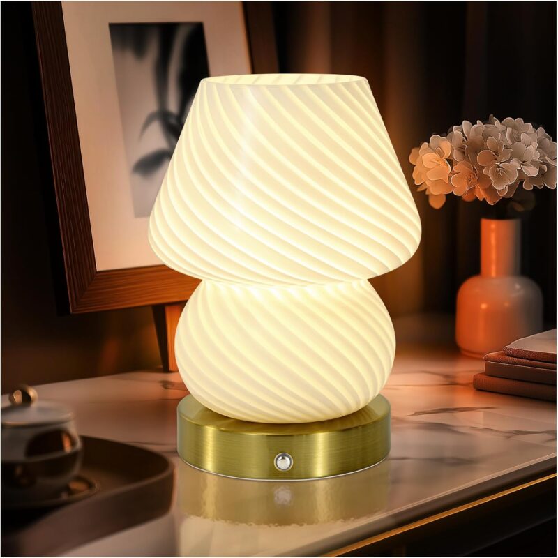 Mushroom Lamp with Dimmer,Glass Bedside Lamp,Cordless Rechargeable Table Lamp for Bedroom Nightstand,Portable 4400mAh Battery Table Lamp,Touch Table Lamp for Bedside,Dinner,Patio,Bar(Bulb Included)