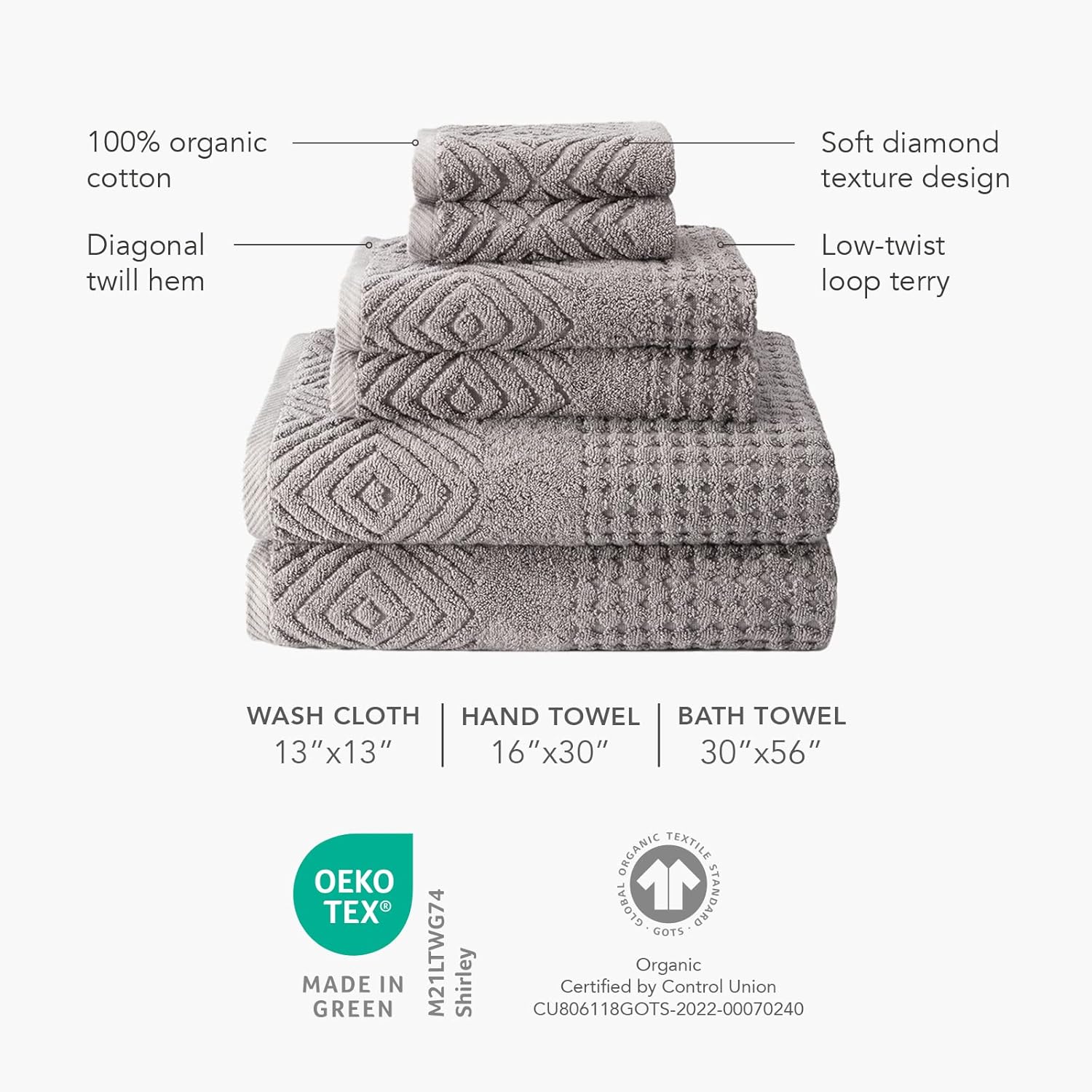 71aMRQcURPL._AC_SL1500_.jpg Texere 100% Organic Cotton Diamond Jacquard 700 GSM Luxury Bath Towel Sets - Ultra Soft and Absorbent Hotel and Spa Quality (Diamond, Black, 4 Bath Towels) - Image 4