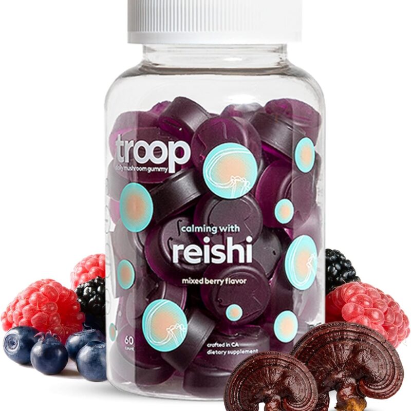Troop Daily Mushroom Reishi Gummy for Stress Management, Calm, Sleep, Healthy Aging - Adaptogen & Immune Boosting Supplement with Triple Extracted Reishi Fruit Body- Vegan, Delicious Gummies, 60 Count