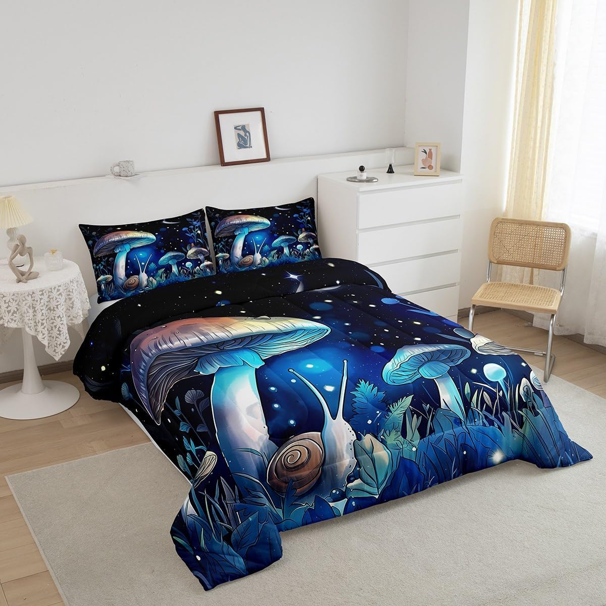 71bDo97f8L._AC_SL1200_.jpg Manfei Mushroom Comforter Set King Size, Botanical Plants Quilt Set with 2 Pillowcases, Cartoon Mushroon Snails Print Bedding Set 3pcs for Kids Boys Girls Room Decor - Image 2