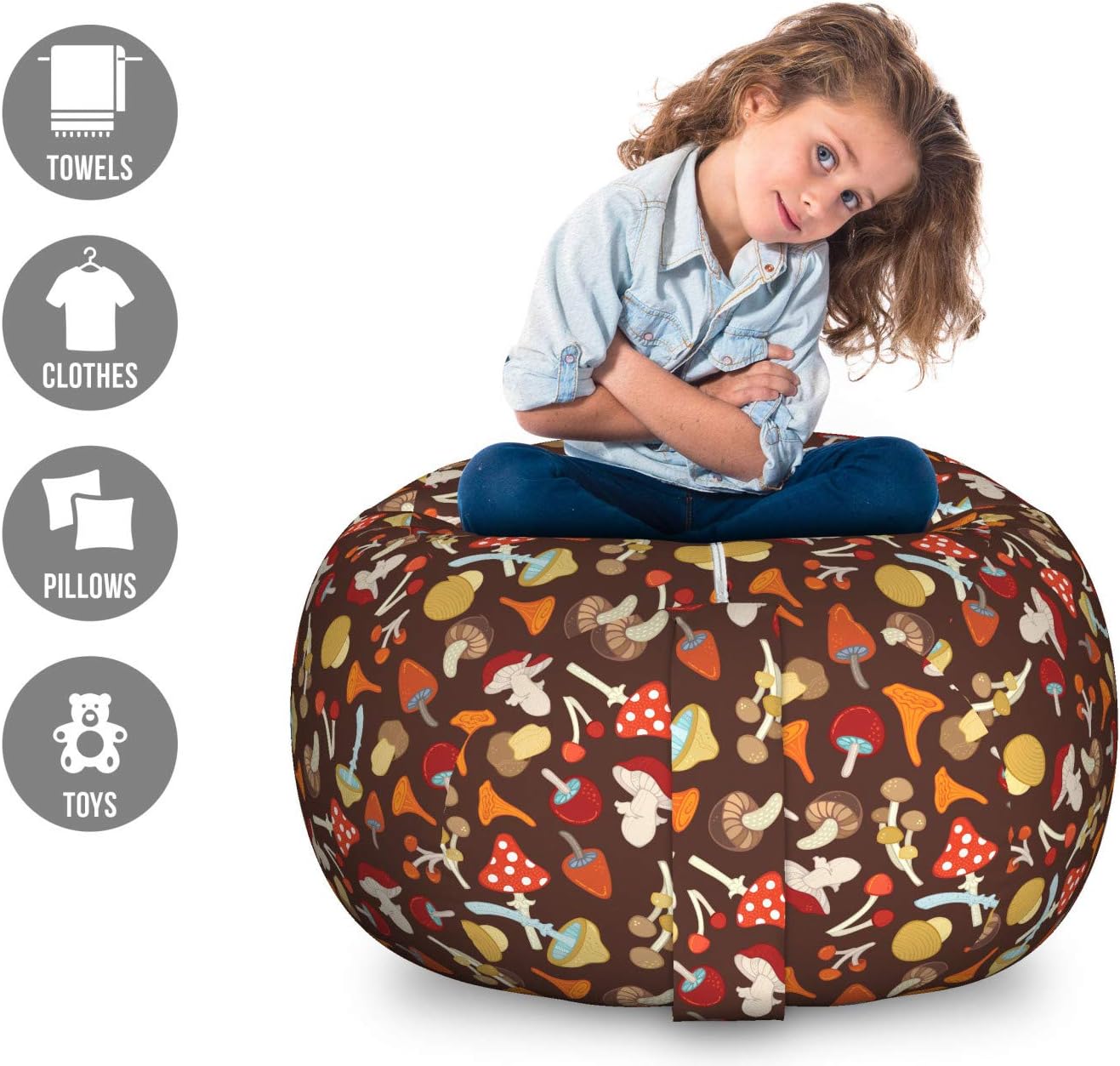 71br0f0ocUL._AC_SL1500_.jpg Lunarable Mushroom Storage Toy Bag Chair, Cartoon Mushrooms Forest Fungal Amanita Girolles Agaric Botanical Autumn, Stuffed Animal Organizer Washable Bag, Large Size, Brown Vermilion - Image 2