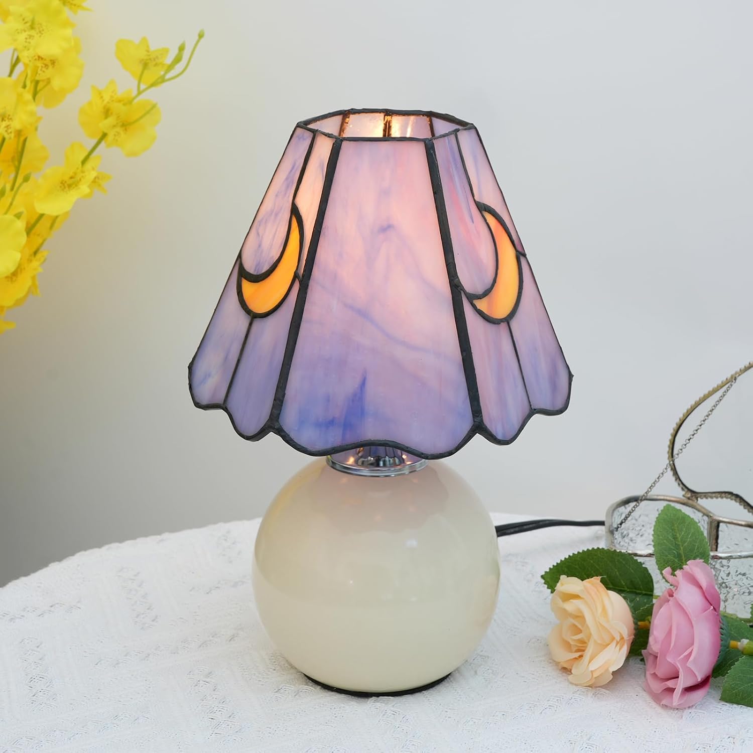 71c1hr4prL._AC_SL1500_.jpg Mushroom Lamp Stained Glass Lamp Moon Lamp Bedside Table Lamp Night Lamps Tiffany Lamp Cute Small Nightstand Desk Lamp for Home Decor Study Living Bedroom Gift, Included E26 Bulb,Purple - Image 4