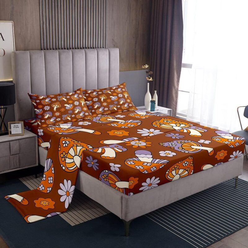 Erosebridal Groovy Flower Sheet Set Queen,Vintage Orange Graffiti Mushroom Bed Sheets Queen,1970 1960 Retro Party Decorations Bedding Set,Boho Floral Fitted Sheet + Top Sheet + 2 Pillow Shams