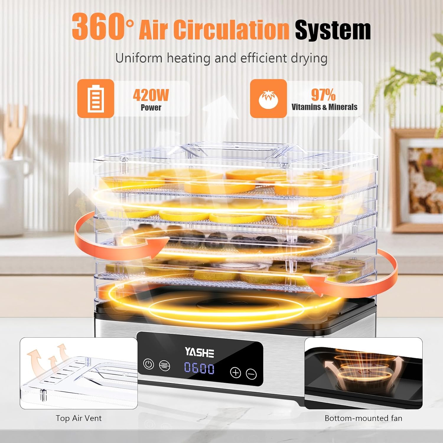 71cdMVzGU6L._AC_SL1500_.jpg YASHE Food Dehydrator Machine, 5 Stainless Steel Trays Food Dryer, 48H Timer and Temperature Control, Recipes Book Included, 420W Dehydrators for Food and Jerky, Herbs, Meat, Fruit, Dog Treats - Image 3
