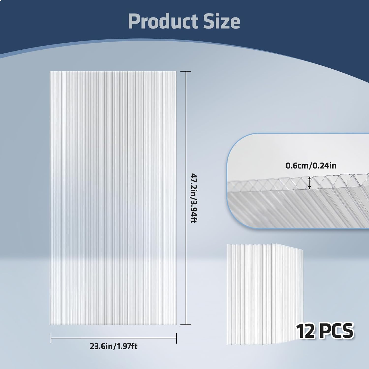 71cikhKo5VL._AC_SL1500_.jpg UMIG 12 PCS 4' x 2' x 0.24'' Polycarbonate Greenhouse Panels, Twin-Wall Waterproof UV Protected Corrugated Plastic Roof Panels Sheets, Clear Replacement Panels for Greenhouse, Outdoor, Plant - Image 2