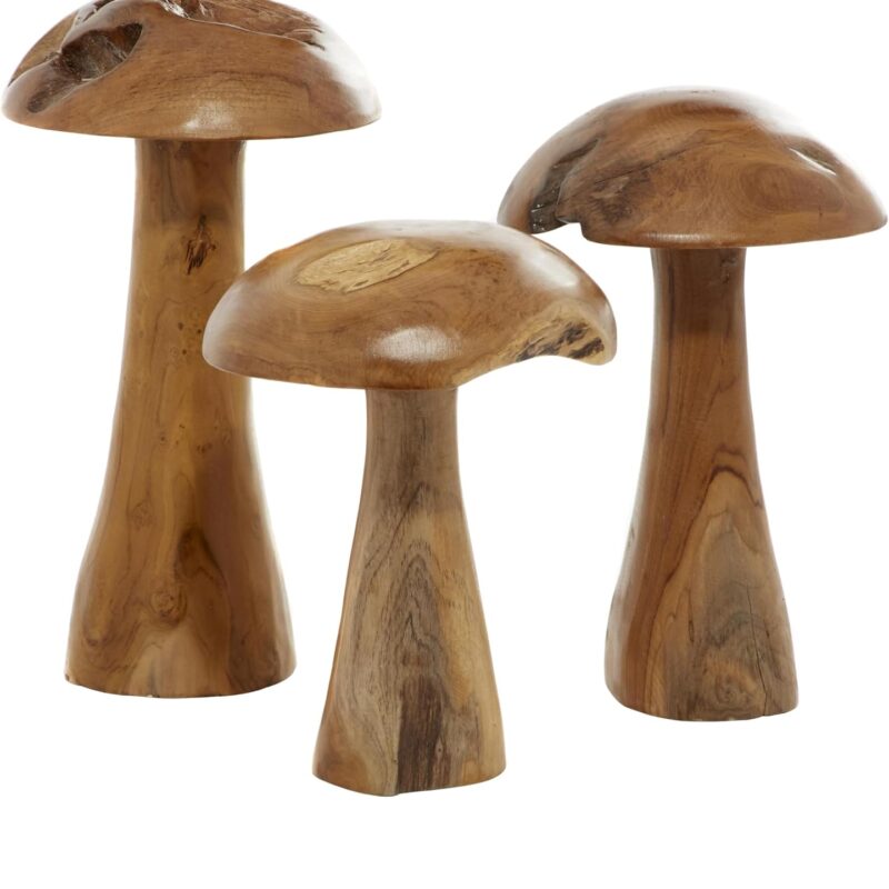 Deco 79 Teak Wood Mushroom Handmade Decorative Sculpture Live Edge Home Decor Statues with Natural Smooth Finish, Set of 3 Accent Figurines 16", 14", 12"H, Brown