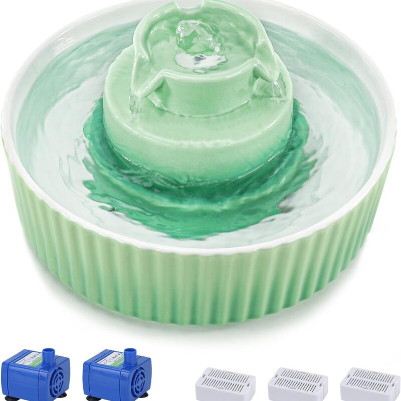 Ceramic Cat Water Fountain, 2.1L/71oz Cat Fountain with 3 Carbon Filters and 2 Water Pumps, Cupcake Pet Water Fountain for Cats and Dogs (Green)