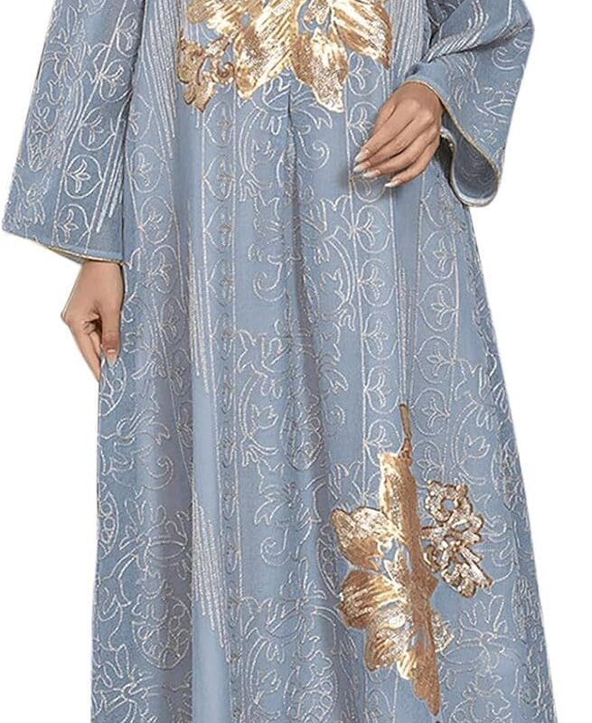 Embroidery Long Kaftan Dresses V Neck Long Sleeve Caftan Dress Loose Full Cover Islamic Dubai Robe Kaftan Abayas